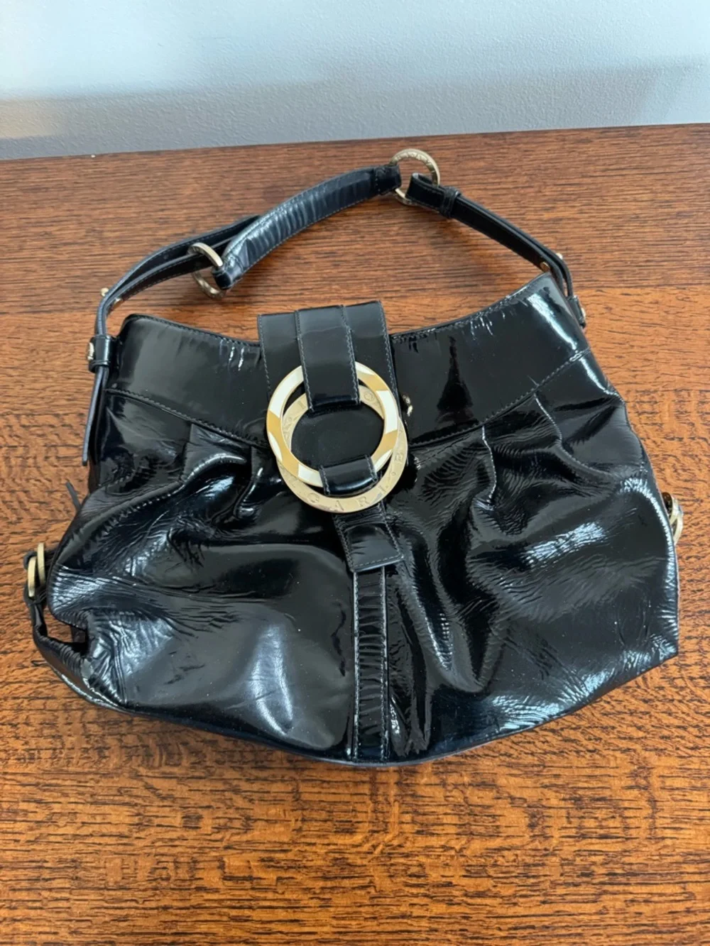 Bvlgari Chandra Black Patent Leather Hobo Bag with Gold Ring Hardware with COA